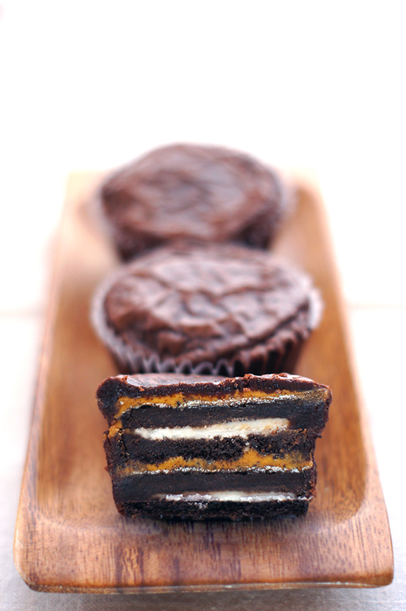 Brownie and Peanut Butter Covered Oreo Cupcakes