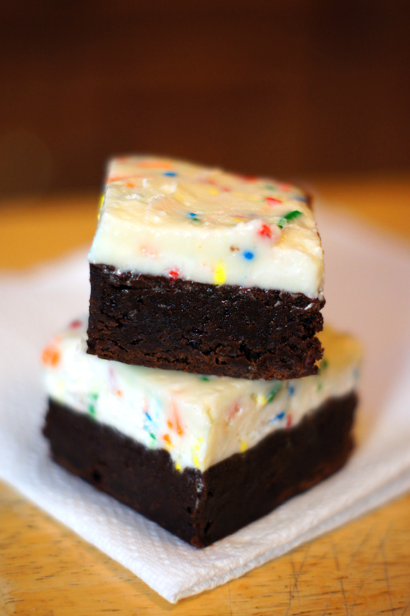 Fudge Brownies with Cake Batter Frosting AKA ColdStone Birthday Cake Remix Brownies - NO cake mix!