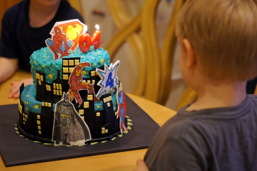 Superhero cake featuring Batman, Spiderman, Iron Man, and Superman. #funfetti #birthday