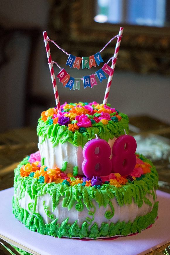 Grandma's Buttercream Floral 88th Birthday Cake - 1 tier of classic chocolate cake, 1 tier of whiskey-molasses cake