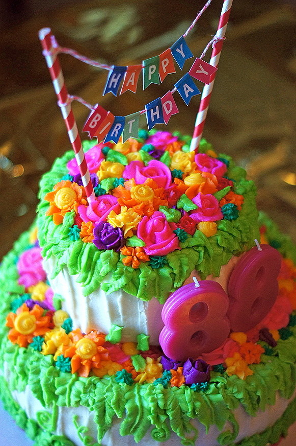 Grandma's Buttercream Floral 88th Birthday Cake - 1 tier of classic chocolate cake, 1 tier of whiskey-molasses cake