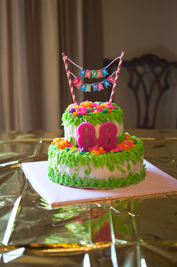 Grandma's Buttercream Floral 88th Birthday Cake - 1 tier of classic chocolate cake, 1 tier of whiskey-molasses cake